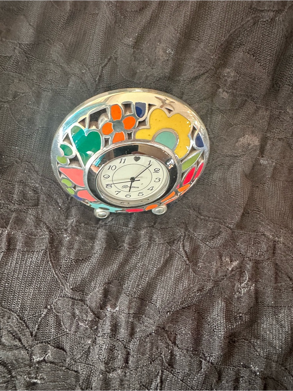 Brighton Multicolor Enamel Heart & Flower Clock in Silver Tone